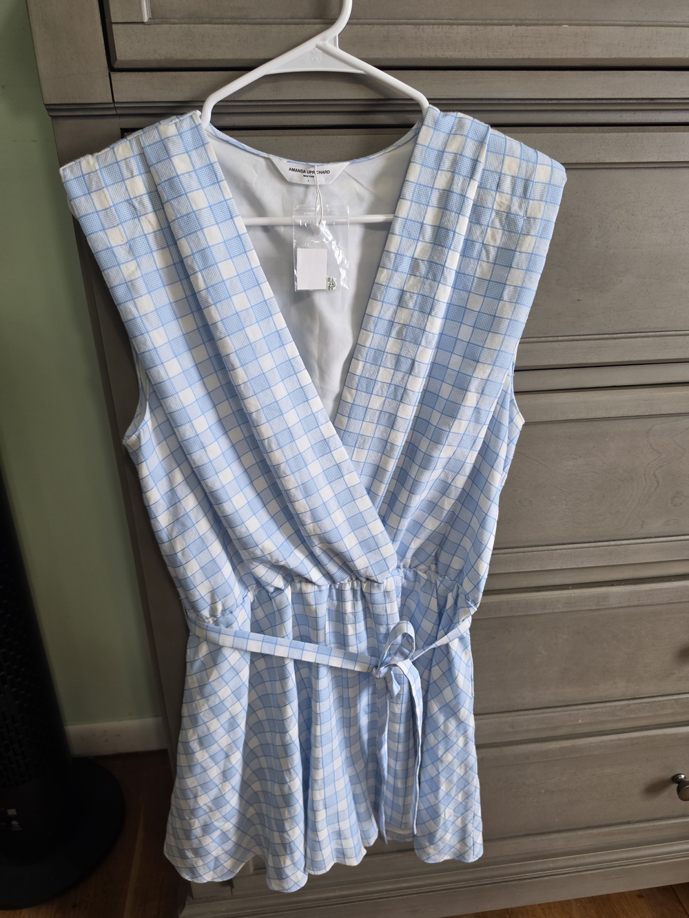 Amanda Uprichard Light Blue Plaid Sleeveless Wrap Romper